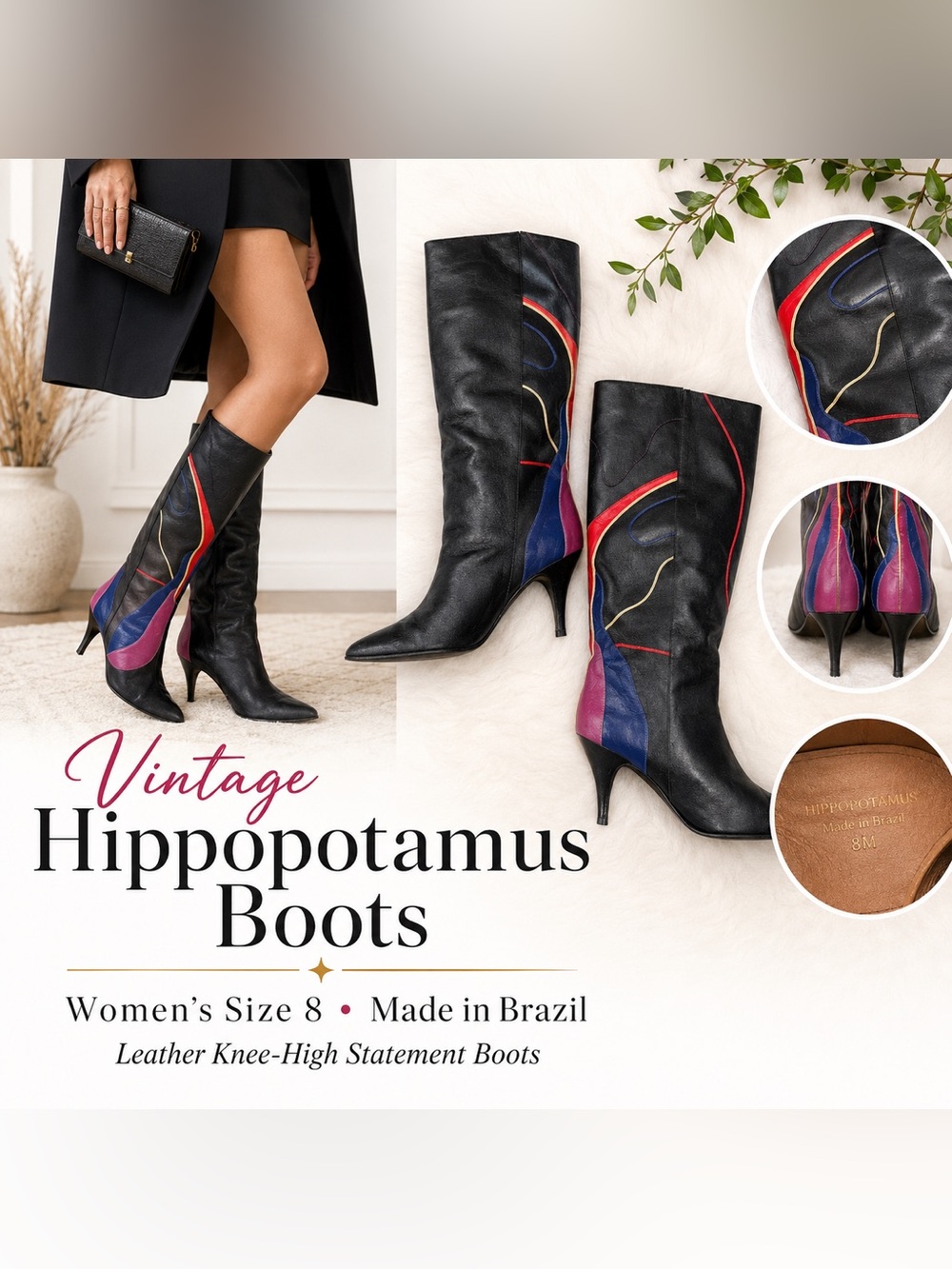 Vintage Hippopotamus Leather Knee High Boots Colorblock Women’s Size 8 Brazil